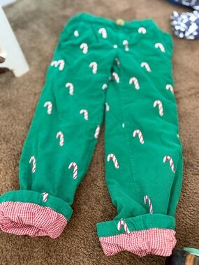 Smockingbird Green Candy Cane Corduroy Pants with Gingham Lining